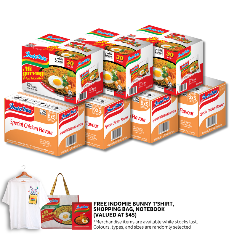3 Boxes of Mi Goreng Special (3 x 30 pk) [BBD: Mar 2026] + 4 Boxes of Special Chicken Flavour (4 x 30pk) + Oversized Bunny T-Shirt + Shopping Bag + Notebook
