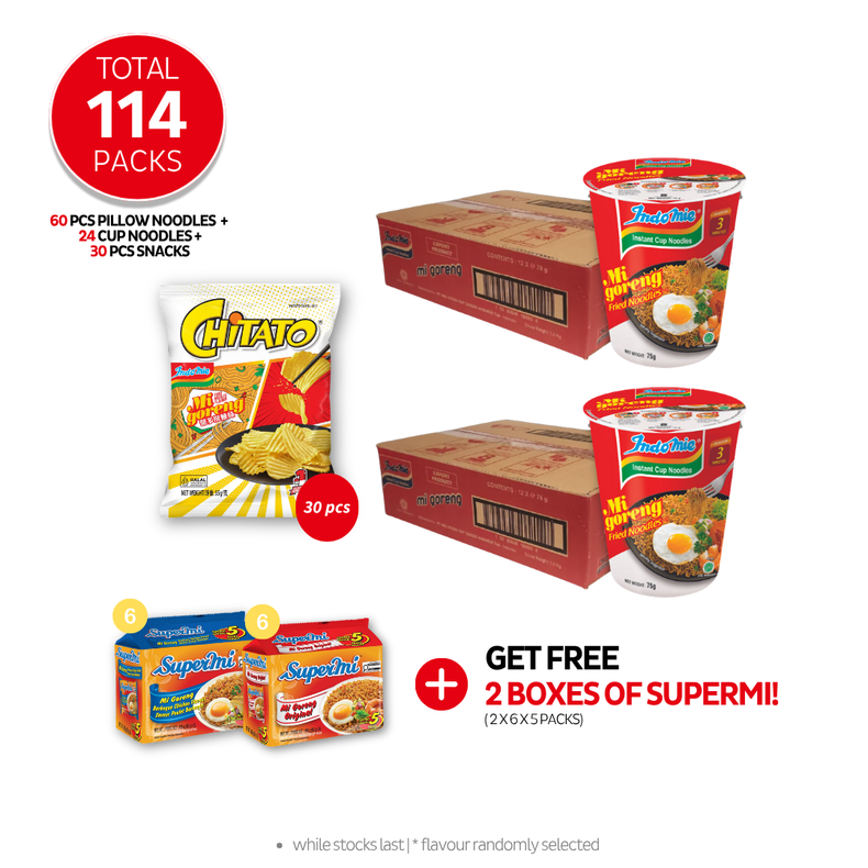 2 Boxes of Mi Goreng Cup (2 x 12 cups) + Chitato Potato Chips Mi Goreng (30 x 1 pk) [BBD: Jul 2026]
