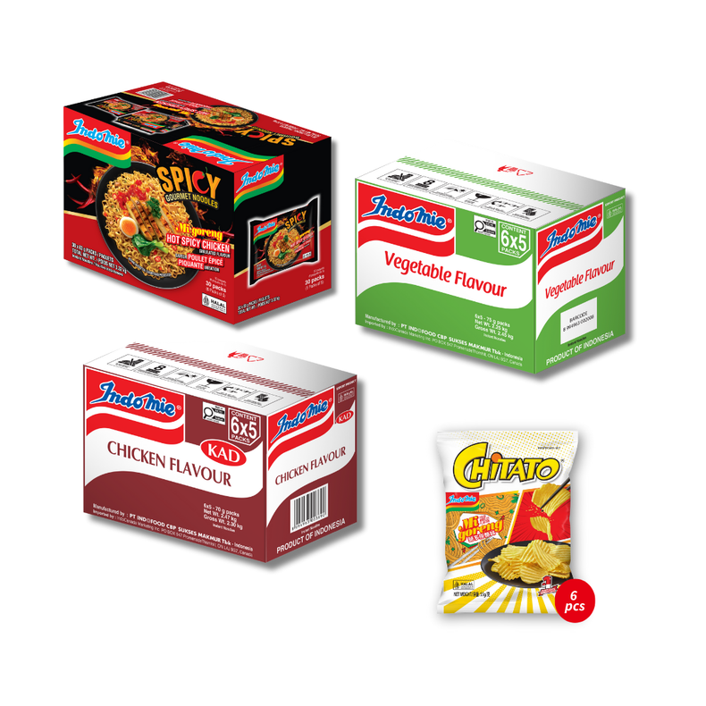 Mi Goreng Hot Spicy Chicken (30 pk) + Vegetable Flavour (30 pk) [BBD: Mar 2026] + Chicken Flavour (30 pk) + Chitato Mi Goreng (6 pk) [BBD: Mar 2026]