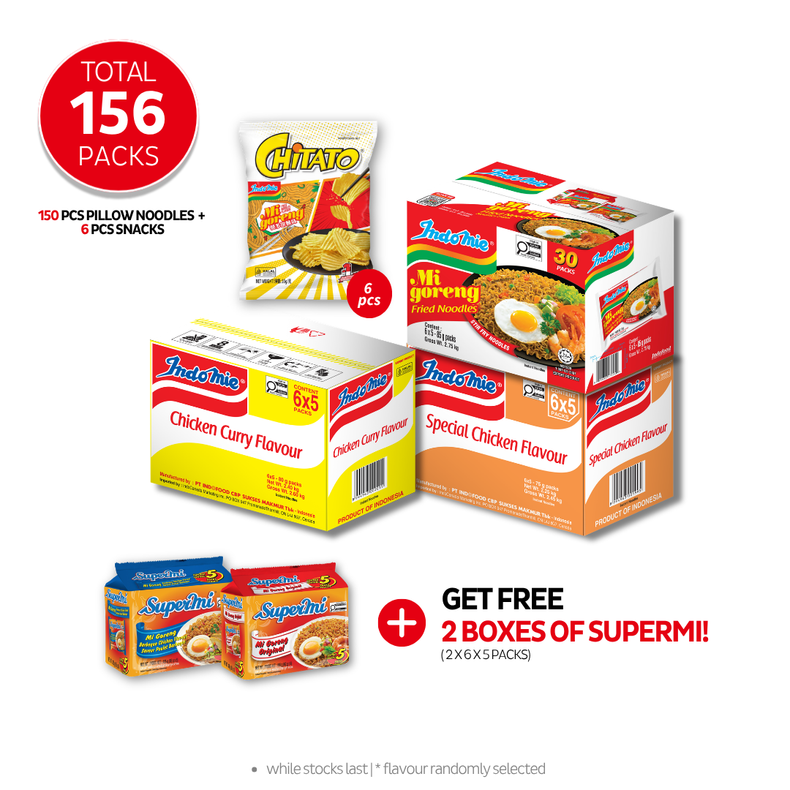 Indomie Mi Goreng Special (30 pk) + Indomie Chicken Curry Flavour (30 pk) + Special Chicken Flavour (30 pk) + 6 Packs of Chitato Mi Goreng [BBD: Jul 2026]