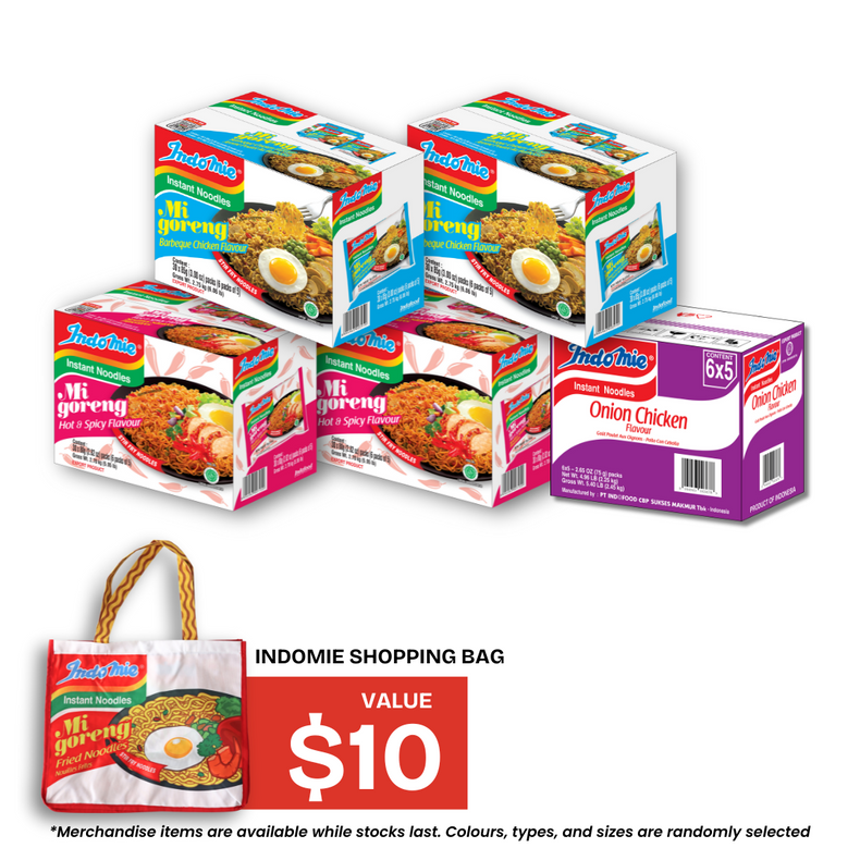 Onion Chicken Flavour (30 pk) + 2 Boxes of Mi Goreng BBQ Chicken (2 x 30 pk) + 2 Boxes of Mi Goreng Hot & Spicy (2 x 30 pk) + Shopping Bag