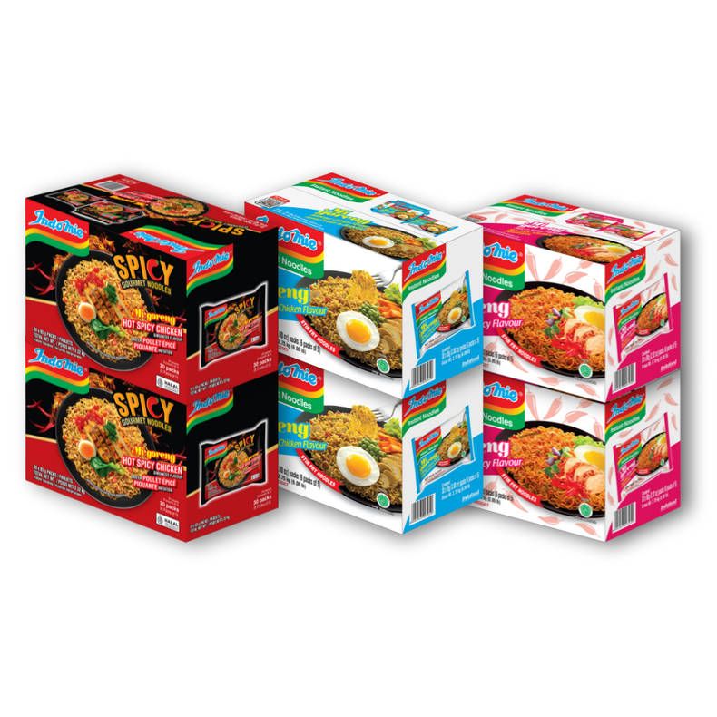 2 Boxes of Mi Goreng Hot Spicy Chicken (2 x 30 pk) + 2 Boxes of Mi Goreng BBQ Chicken (2 x 30 pk) + 2 Boxes of Mi Goreng Hot & Spicy (2 x 30 pk) [BBD: Jan 2026]