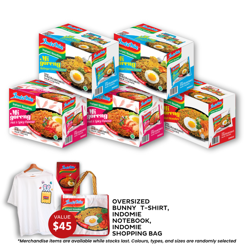 Mi Goreng Special (30 pk) [BBD: Mar 2026] + 2 Boxes of Mi Goreng BBQ Chicken (2 x 30 pk) + 2 Boxes of Mi Goreng Hot & Spicy (2 x 30 pk) + Oversized Bunny T-Shirt + Shopping Bag + Notebook