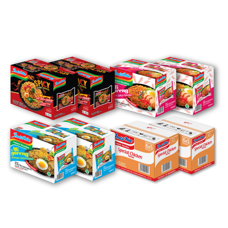 2 Boxes of Mi Goreng Hot Spicy Chicken (2 x 30 pk) + 2 Boxes of Mi Goreng Hot & Spicy (2 x 30 pk) [BBD: Jan 2026] + 2 Boxes of Mi Goreng BBQ Chicken (2 x 30 pk) + 2 Boxes of Special Chicken Flavour (2 x 30 pk) [BBD: Jan 2026]