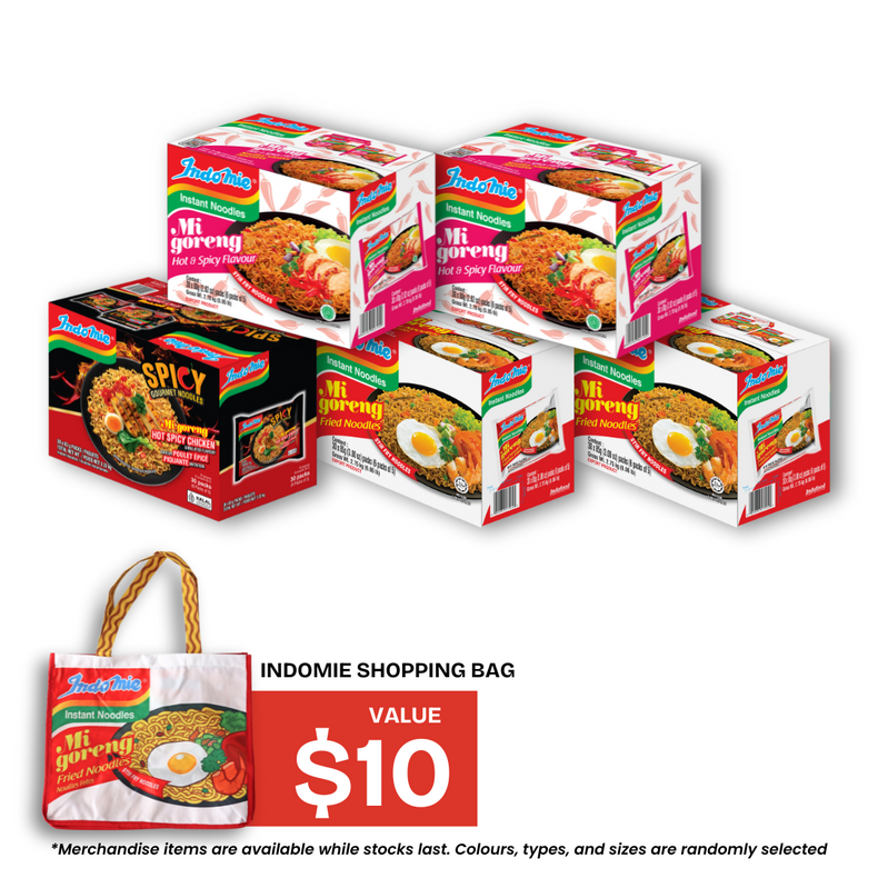 Mi Goreng Hot Spicy Chicken (30 pk) + 2 Boxes of Mi Goreng Special (2 x 30 pk) + 2 Boxes of Mi Goreng Hot & Spicy (2 x 30 pk) + Shopping Bag