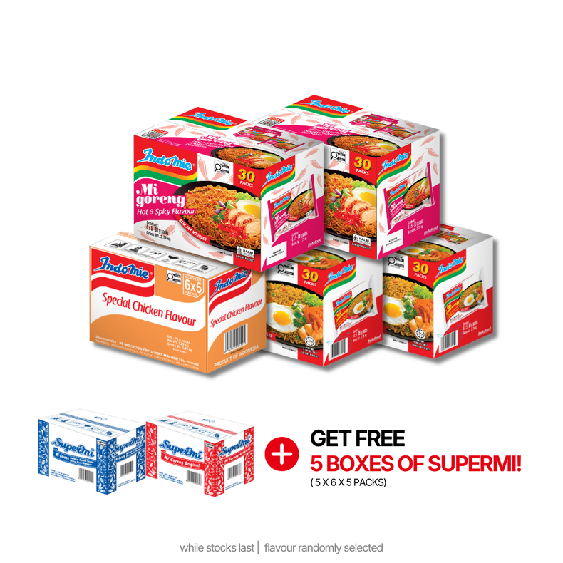 2 Boxes of Mi Goreng Special (2 x 30 pk) + 2 Boxes of Mi Goreng Hot & Spicy (2 x 30 pk) + Special Chicken Flavour (30 pk)
