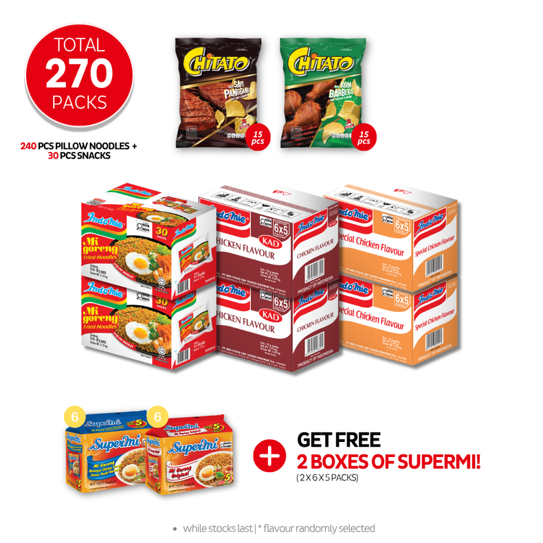2 Boxes of Mi Goreng Special (2 x 30 pk) + 2 Boxes of Chicken Flavour (2 x 30 pk) [BBD: Jul 2026] + 2 Boxes of Special Chicken Flavour (2 x 30 pk) + Chitato Mix Variant - BBQ Chicken (15 pcs) [BBD: Aug 2026] + Beef BBQ (15 pcs) [BBD: Aug 2026]
