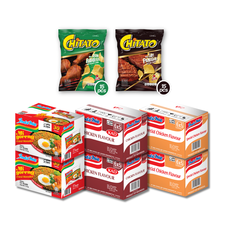 2 Boxes of Mi Goreng Special (2 x 30 pk) + 2 Boxes of Chicken Flavour (2 x 30 pk) [BBD: Aug 2026] + 2 Boxes of Special Chicken Flavour (2 x 30 pk) + Chitato Mix Variant - BBQ Chicken (15 pcs) [BBD: Aug 2026] + Beef BBQ (15 pcs) [BBD: Aug 2026]