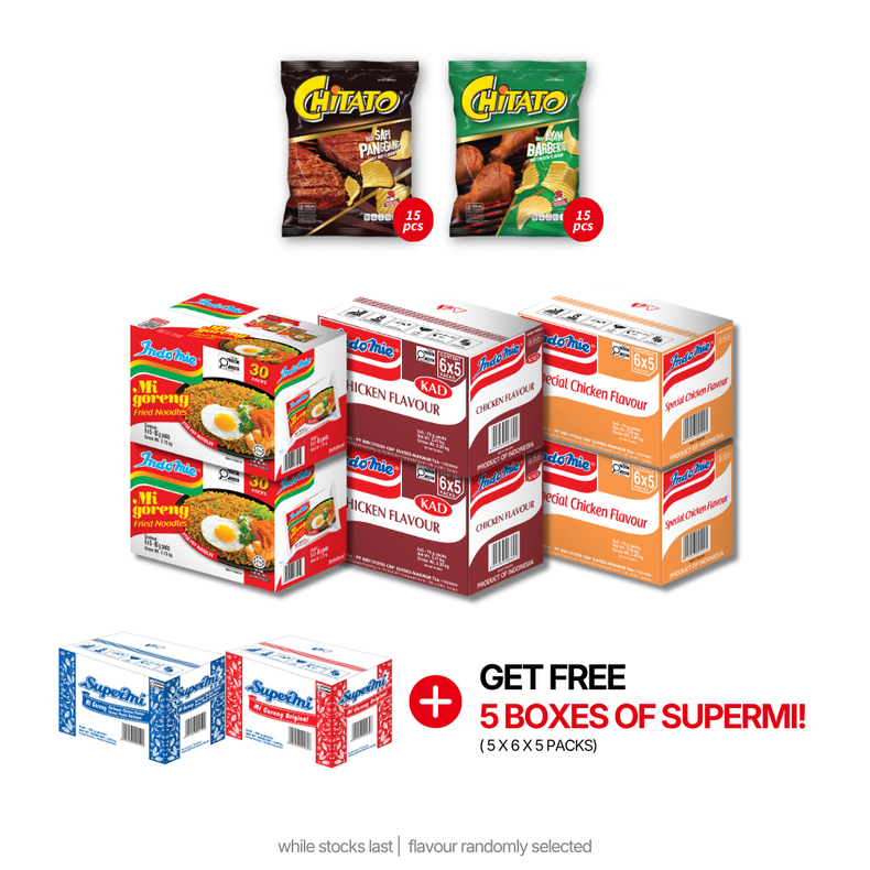 2 Boxes of Mi Goreng Special (2 x 30 pk) + 2 Boxes of Chicken Flavour (2 x 30 pk) [BBD: Jul 2026] + 2 Boxes of Special Chicken Flavour (2 x 30 pk) + Chitato Mix Variant - BBQ Chicken (15 pcs) [BBD: Aug 2026] + Beef BBQ (15 pcs) [BBD: Aug 2026]