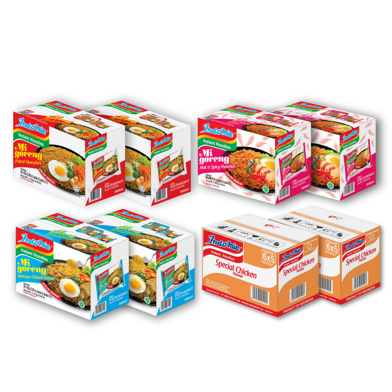 2 Boxes of Mi Goreng Special (2 x 30 pk) + 2 Boxes of Mi Goreng Hot & Spicy (2 x 30 pk) + 2 Boxes of Mi Goreng BBQ Chicken (2 x 30 pk) + 2 Boxes of Special Chicken Flavour (2 x 30 pk)