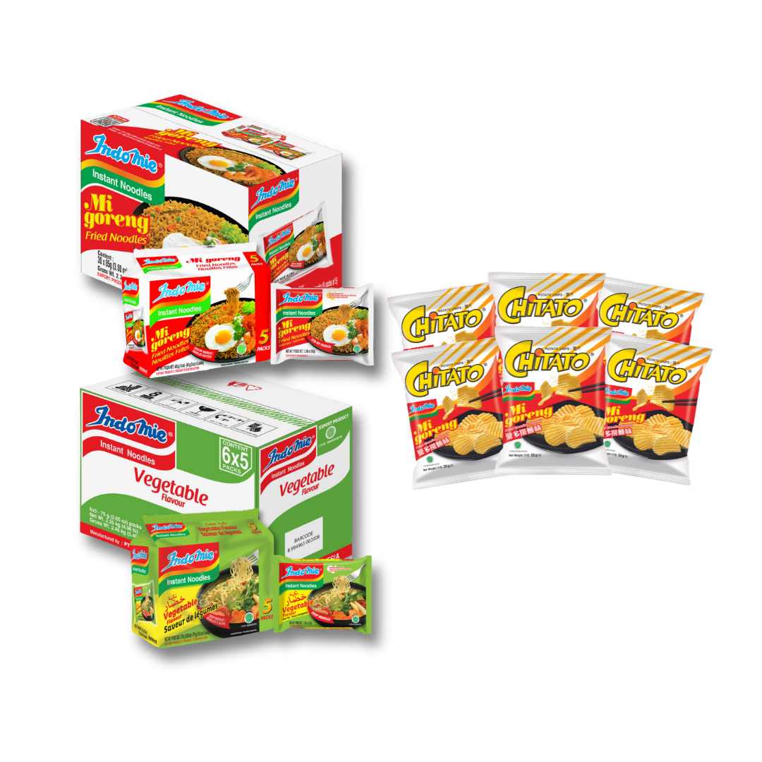 Indomie Mie Goreng Special (Dry) + Indomie Vegetable Flavor (Soup) + 6 Packs of Chitato Mi Goreng