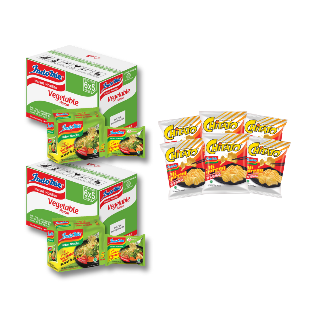 2 Boxes of Vegetable Flavour Indomie (2 x 30 pk) + 6 Packs of Chitato Mi Goreng