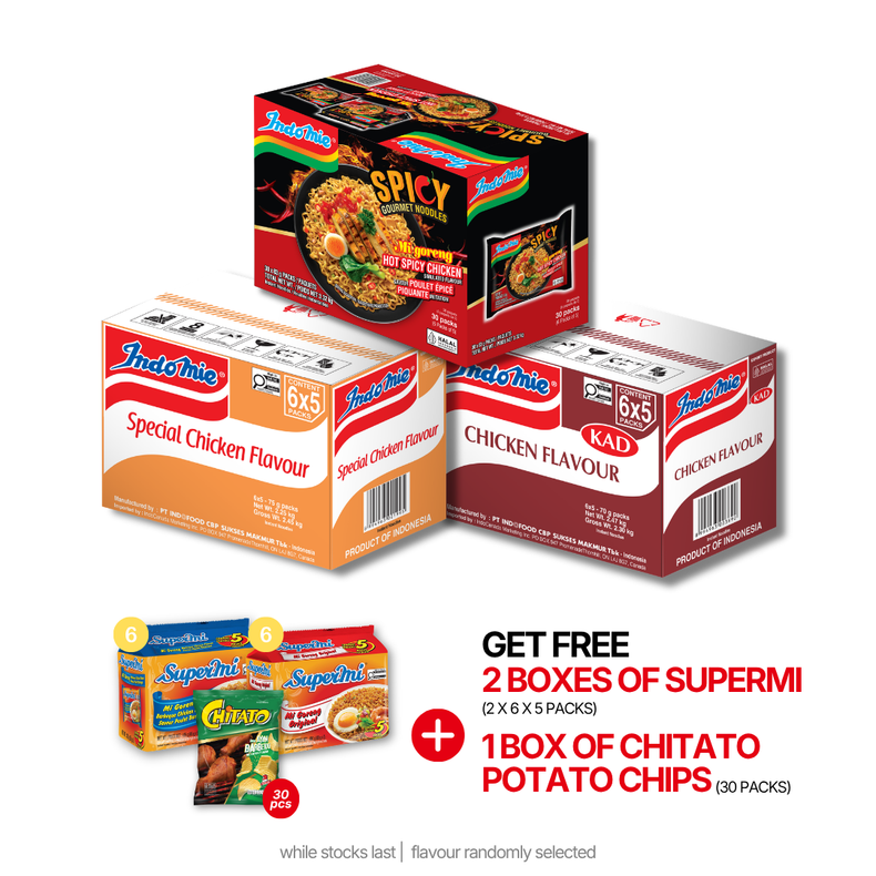 Indomie Hot Spicy Chicken (30 pk) + Indomie Chicken Flavour (30 pk) [BBD: Jul 2026] + Special Chicken Flavour (30 pk)