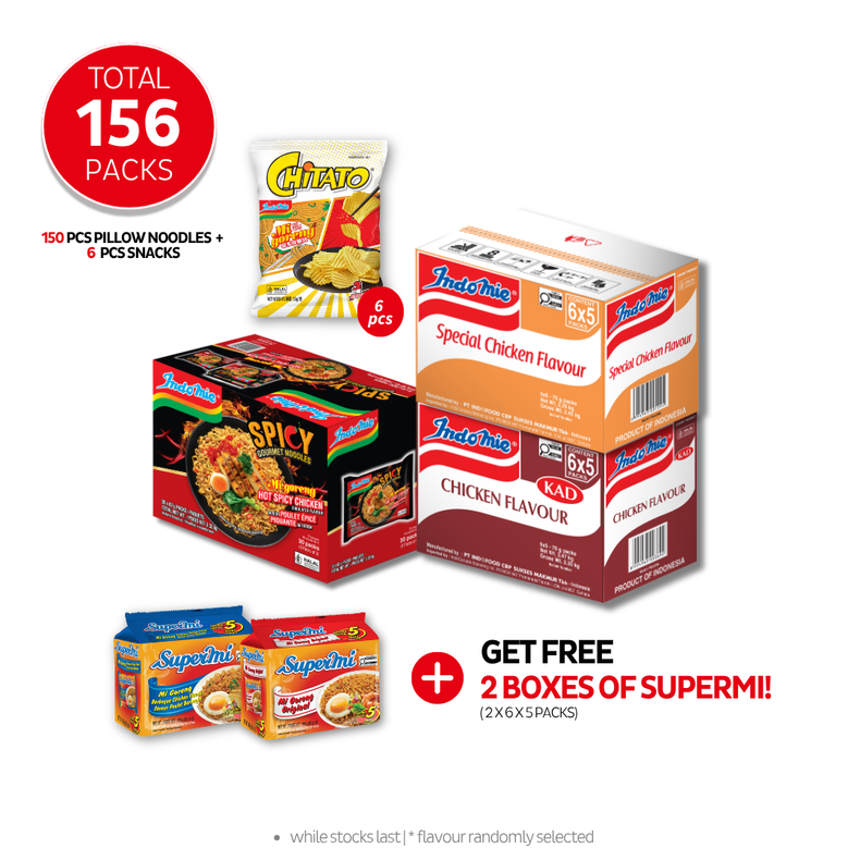 Indomie Hot Spicy Chicken (30 pk) + Indomie Chicken Flavour (30 pk) [BBD: Jul 2026] + Special Chicken Flavour (30 pk) + 6 Packs of Chitato Mi Goreng [BBD: Jul 2026]