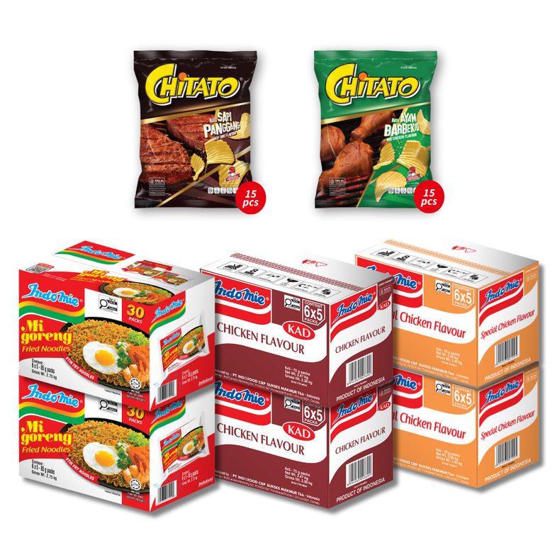 2 Boxes of Mi Goreng Special (2 x 30 pk) [BBD: Mar 2026] + 2 Boxes of Chicken Flavour (2 x 30 pk) + 2 Boxes of Special Chicken Flavour (2 x 30 pk) [BBD: Apr 2026] + Chitato Mix Variant - BBQ Chicken (15 pcs) + Beef BBQ (15 pcs)