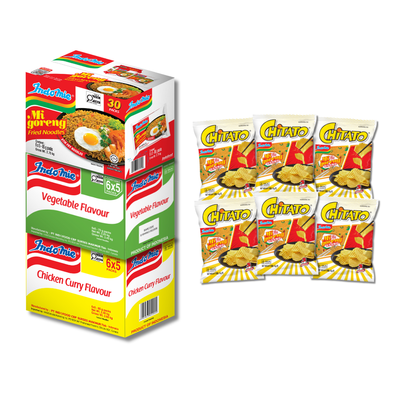 Indomie Mi Goreng Special (30 pk) [BBD: Mar 2026] + Vegetable Flavour (30 pk) [BBD: Mar 2026] + Indomie Chicken Curry Flavour (30 pk) + 6 Packs of Chitato Mi Goreng
