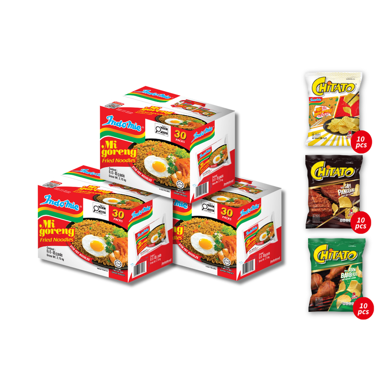 3 Boxes of Mi Goreng Special (3 x 30 pk) + Chitato Mix Variant - BBQ Chicken (10 pcs) [BBD: Aug 2026] + Beef BBQ (10 pcs) [BBD: Aug 2026] + Mi Goreng (10 pcs)  [BBD: Sep 2026]