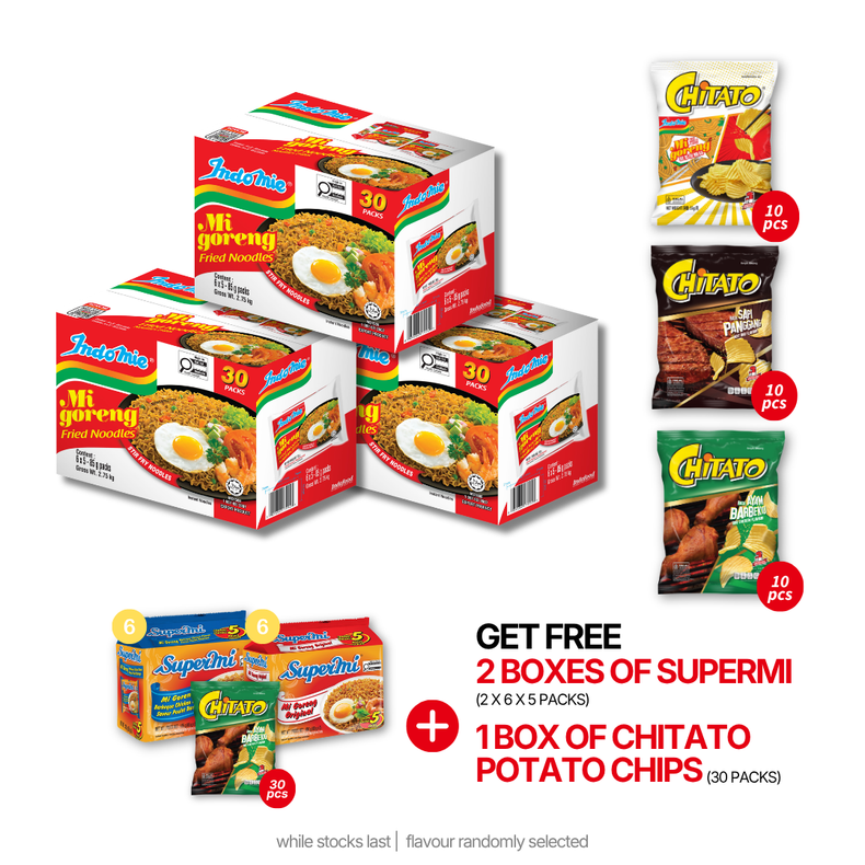 3 Boxes of Mi Goreng Special (3 x 30 pk) + Chitato Mix Variant - BBQ Chicken (10 pcs) [BBD: Aug 2026] + Beef BBQ (10 pcs) [BBD: Aug 2026] + Mi Goreng (10 pcs) [BBD: Jul 2026]