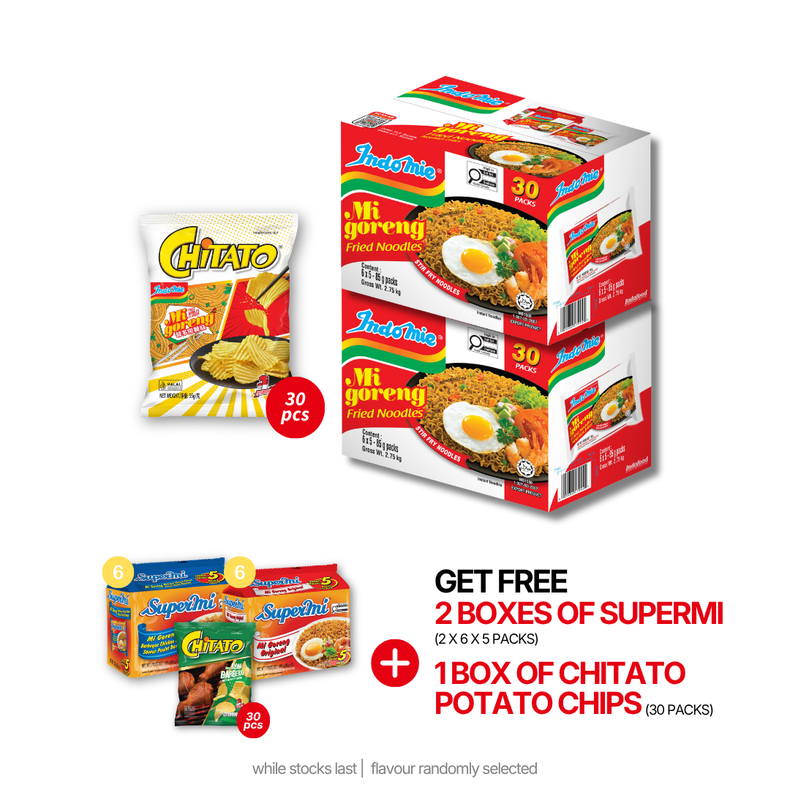 2 Boxes of Mi Goreng Special (2 x 30 pk) + 1 Box of Chitato Potato Chips Mi Goreng (30 pk) [BBD: Jul 2026]