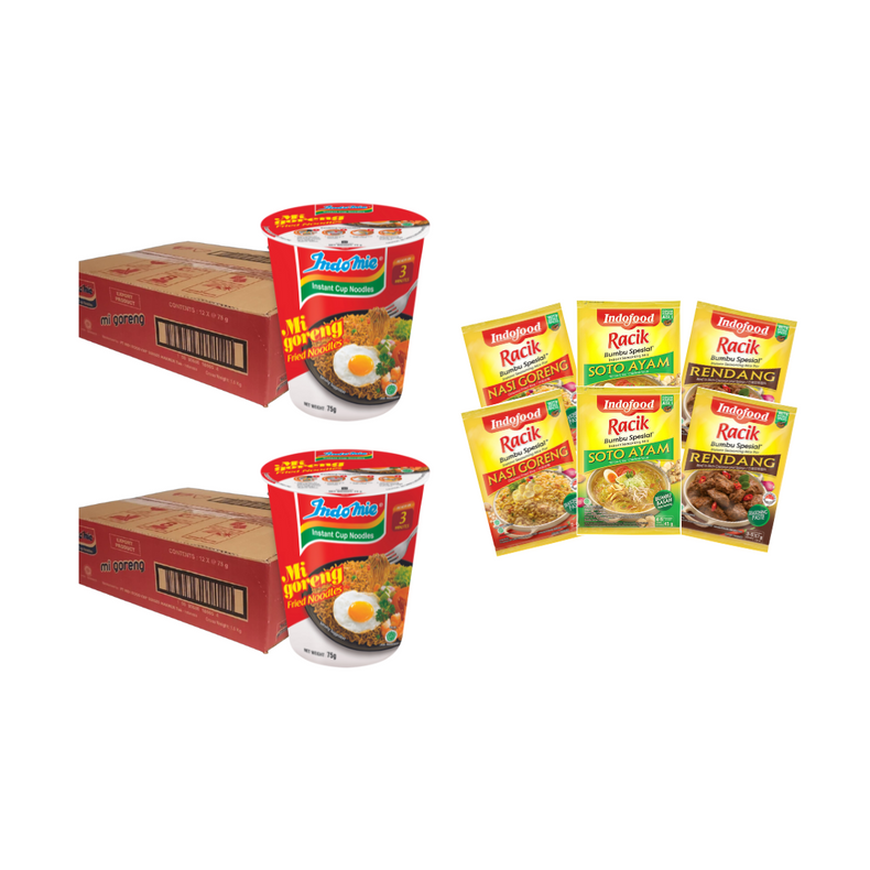 2 Boxes of Mi Goreng Cup (2 x 12 pk) + 6 Packs of Seasoning (2 Rendang + 2 Soto + 2 Nasi Goreng)