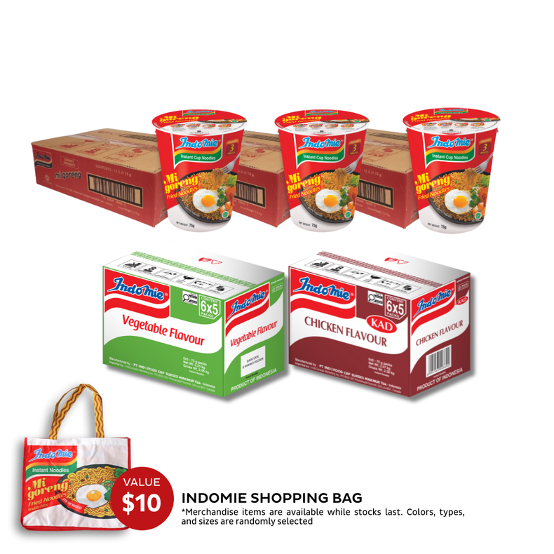 Chicken Flavour (30 pk) + Vegetable Flavour (30 pk) [BBD: Mar 2026] + 3 Boxes of Mi Goreng Cup (3 x 12 pk)  [BBD: Feb 2026] + Shopping Bag