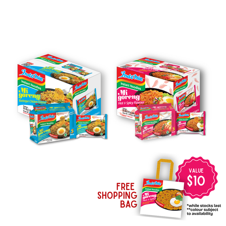 Indomie BBQ Chicken (30 pk) + Indomie Mi Goreng Hot & Spicy (30 pk) [FREE INDOMIE SHOPPING BAG]