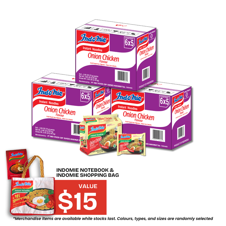 3 Boxes of Onion Chicken Flavour (30 pk) + Shopping Bag + Notebook