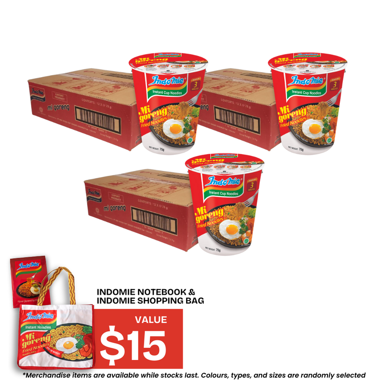 3 Boxes of Mi Goreng Cup (3 x 12 cups) + Shopping Bag + Notebook