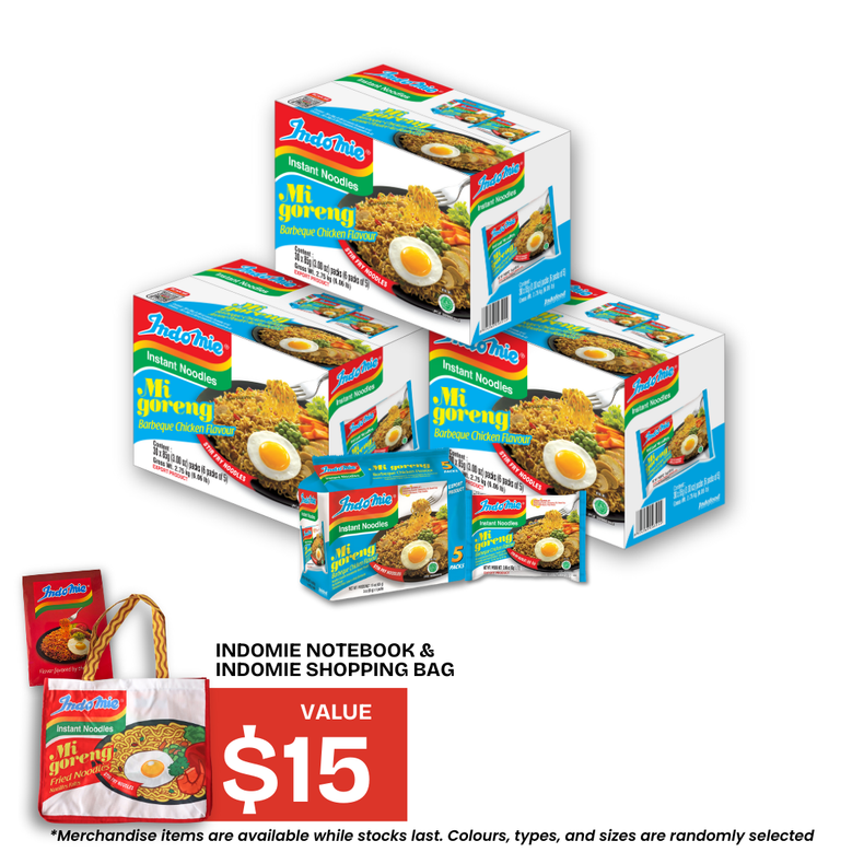 3 Boxes of Mi Goreng BBQ Chicken (30 pk) + Shopping Bag + Notebook
