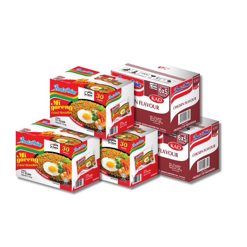 3 Boxes of Indomie Mi Goreng Special (3 x 30 pk) + 2 Boxes of Indomie Chicken Flavour (2 x 30) [BBD: Aug 2026]