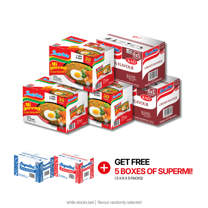 3 Boxes of Indomie Mi Goreng Special (3 x 30 pk) + 2 Boxes of Indomie Chicken Flavour (2 x 30) [BBD: Jul 2026]