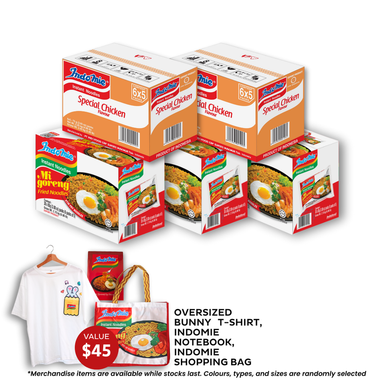 3 Boxes of Mi Goreng Special (3 x 30 pk) [BBD: Mar 2026] + 2 Boxes of Special Chicken Flavour (2 x 30 pk) + Oversized Bunny T-Shirt + Shopping Bag + Notebook