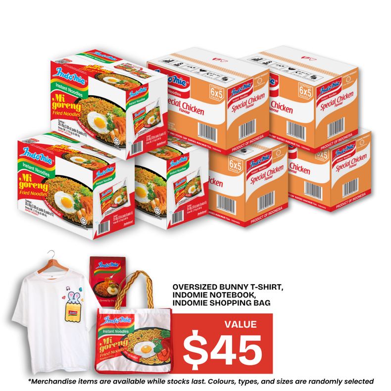 3 Boxes of Mi Goreng Special (3 x 30 pk) + 4 Boxes of Special Chicken Flavour (4 x 30pk) [BBD: Jan 2026] + Oversized Bunny T-Shirt + Shopping Bag + Notebook