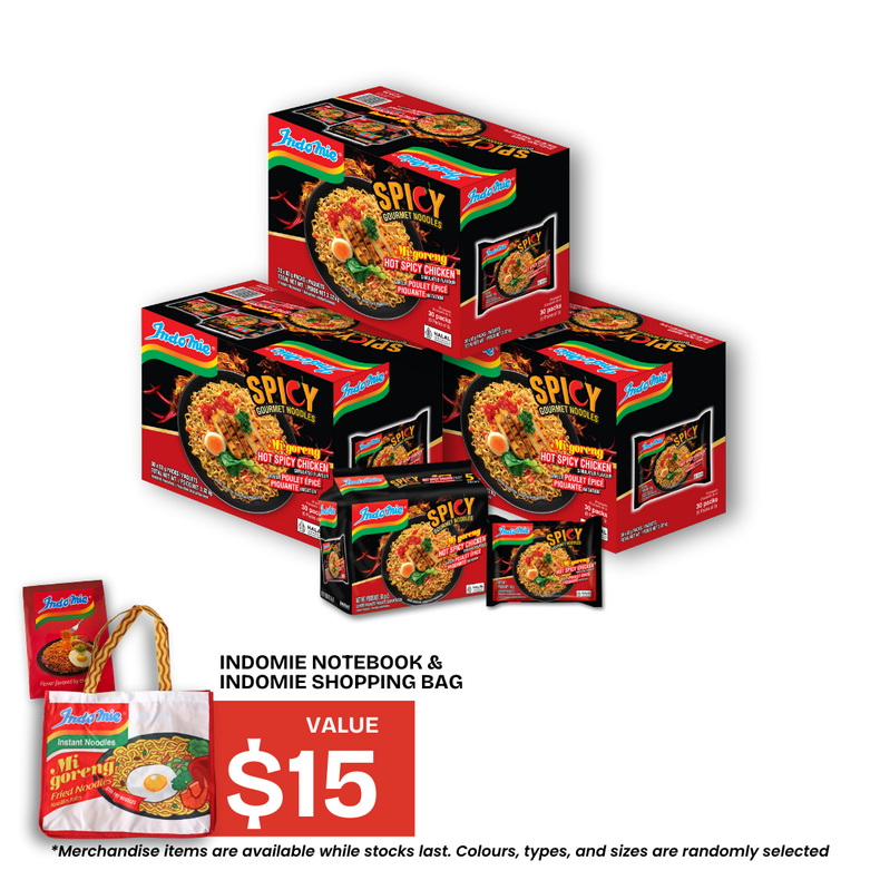 3 Boxes of Mi Goreng Hot Spicy Chicken (30 pk) + Shopping Bag + Notebook