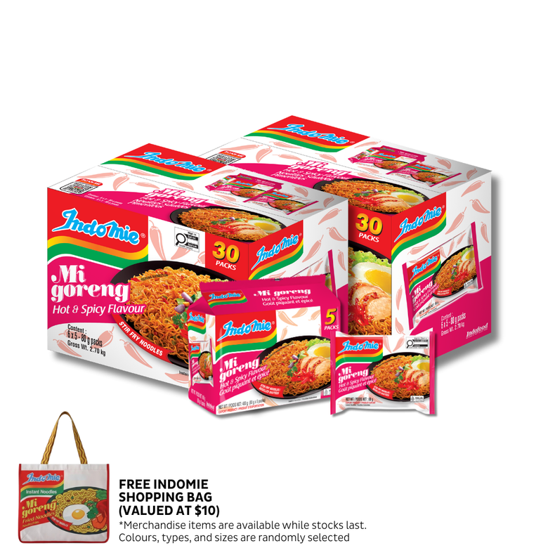 2 Boxes of Mi Goreng Hot & Spicy (2 x 30 pk) + Shopping Bag