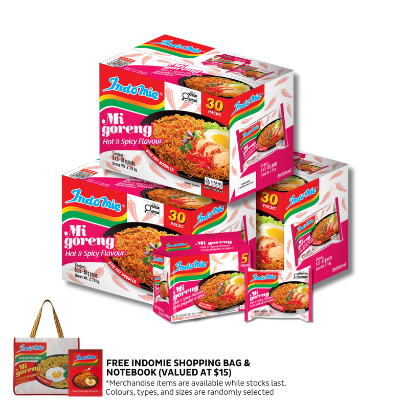 3 Boxes of Mi Goreng Hot & Spicy (3 x 30 pk) + Shopping Bag + Notebook