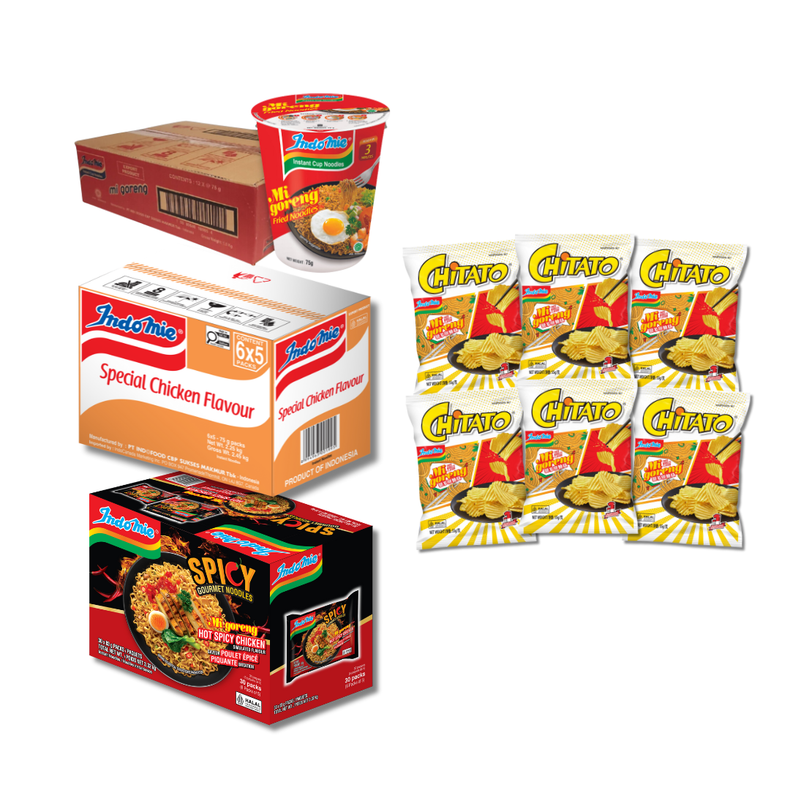 Special Chicken Flavour (30 pk) + Mi Goreng Cup (12 cups) [BBD: Feb 2026] + Indomie Hot Spicy Chicken (30 Pk) +  6 Packs of Chitato Mi Goreng