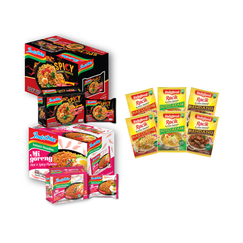 Indomie Hot Spicy Chicken (Dry) + Indomie Mi Goreng Hot & Spicy (Dry)  + 6 Packs of Seasoning (2 Rendang + 2 Soto + 2 Nasi Goreng)