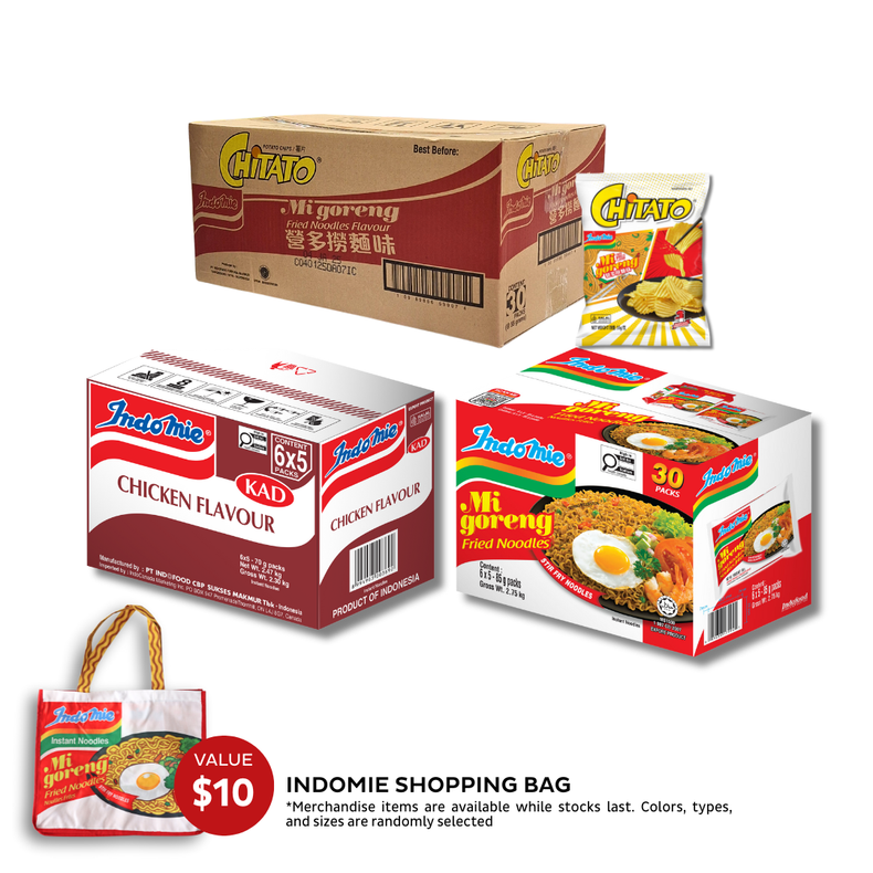 Indomie Mi Goreng Special (30 pk) [BBD: Mar 2026] + Chicken Flavour (30 pk) + Mi Goreng Cup (12 cups) [BBD: Feb 2026] + Chitato Mi Goreng (30 Pk) + Shopping Bag