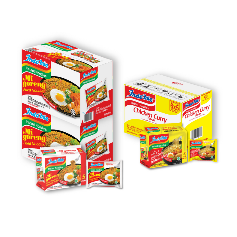 2 boîtes de Mi Goreng Spécial (2 x 30) [DLUO : nov. 2025] + Indomie Poulet Curry Saveur (30)