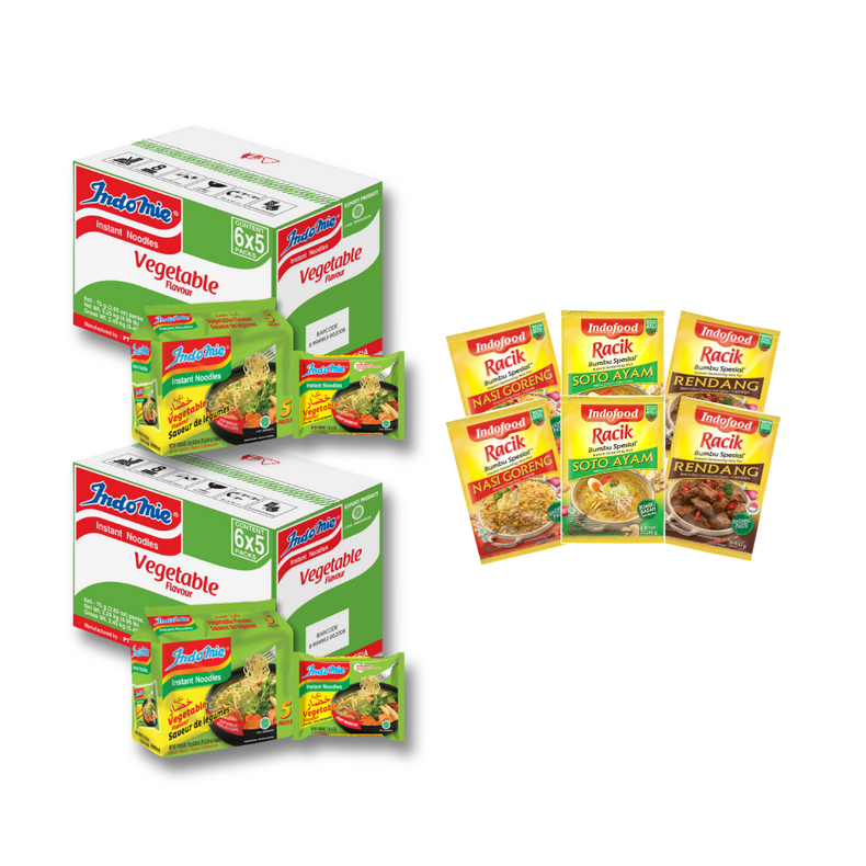 2 Boxes Vegetable Flavour (2x30 pk) + 6 Packs of Seasoning (2 Rendang + 2 Soto + 2 Nasi Goreng)