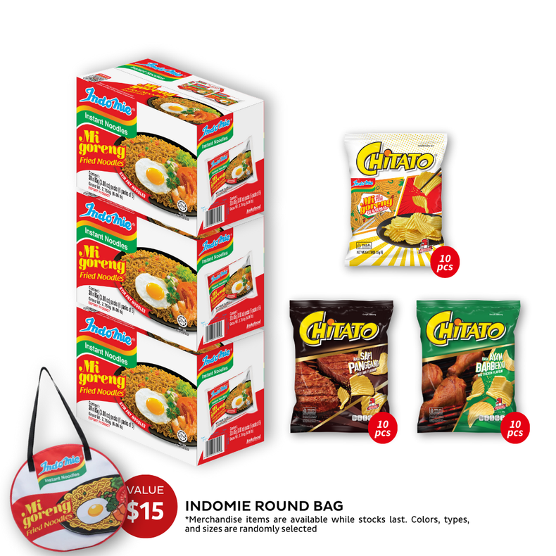 3 Boxes of Mi Goreng Special (3 x 30 pk) [BBD: Mar 2026] + Chitato Mix Variant - BBQ Chicken (10 pcs) + Beef BBQ (10 pcs) + Mi Goreng (10 pcs) + Indomie Round Bag