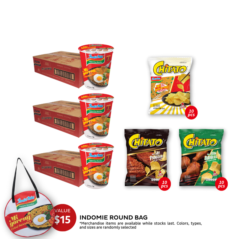 3 Boxes of Mi Goreng Cup (3 x 12 pk) [BBD: Feb 2026] + Chitato Mix Variant - BBQ Chicken (10 pcs) + Beef BBQ (10 pcs) + Mi Goreng (10 pcs) + Indomie Round Bag