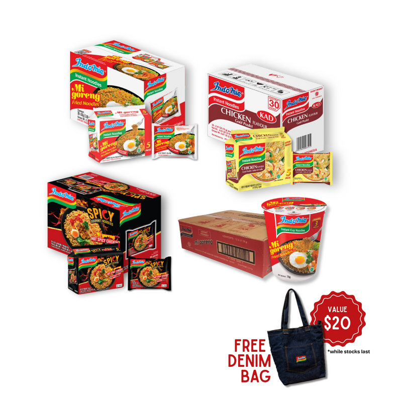 Indomie Mi Goreng Special (30 pk) [BBD: Nov 2025] + Indomie Hot Spicy Chicken (30 pk) [BBD: Jan 2026] + Indomie Chicken Flavour (30 pk) + Indomie Mi Goreng Cup (12 pk) [BBD: Nov 2025] [FREE DENIM BAG]