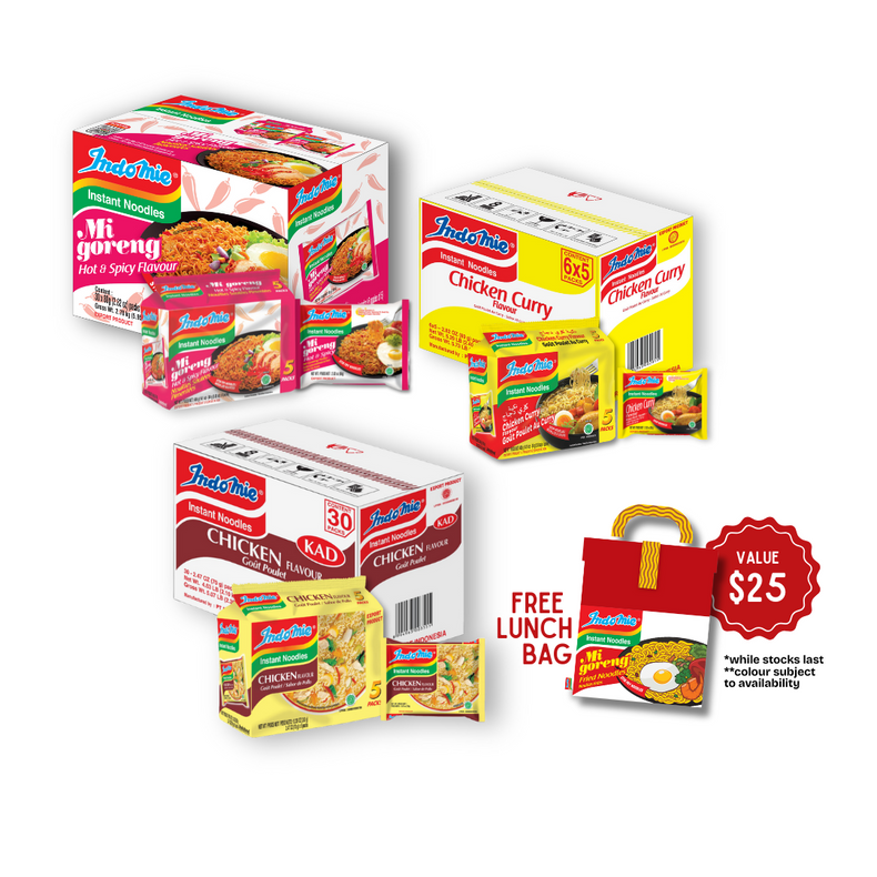 Indomie Mi Goreng épicé (paquet de 30) + Indomie poulet au curry (paquet de 30) + Indomie poulet au curry (paquet de 30) [Date de péremption : nov. 2025]