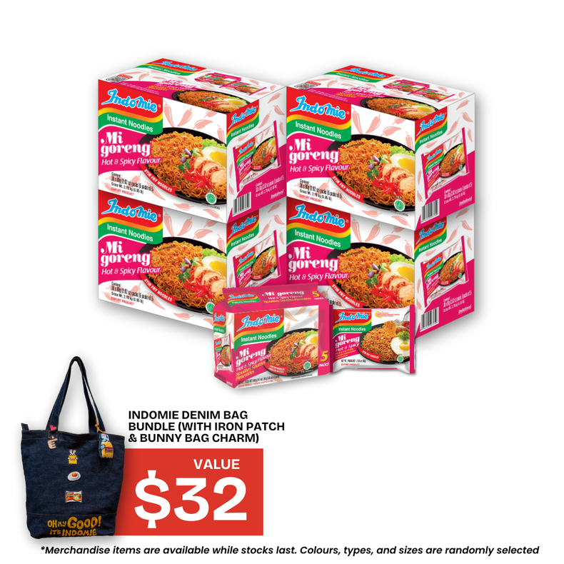 4 Boxes of Mi Goreng Hot & Spicy (4 x 30 pk) [BBD: Dec 2025] + Denim Bag Set (with Iron Patch & Bunny Bag Charm)