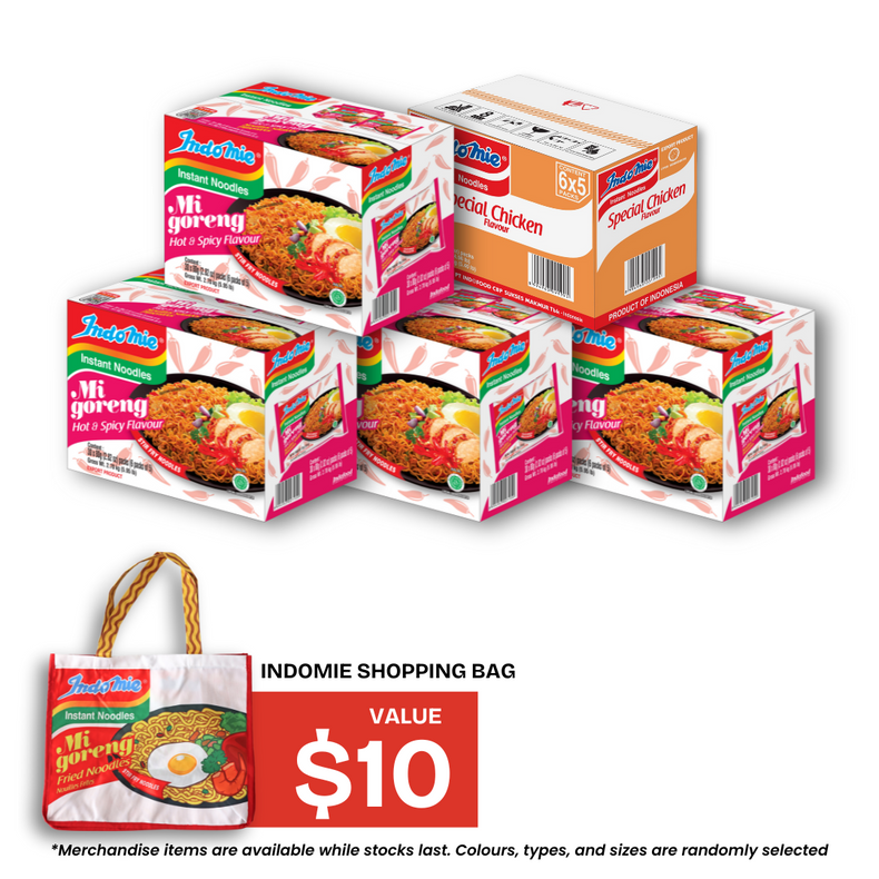 4 Boxes of Mi Goreng Hot & Spicy (4 x 30 pk) [BBD: Dec 2025] + Special Chicken Flavour (30 pk) + Shopping Bag