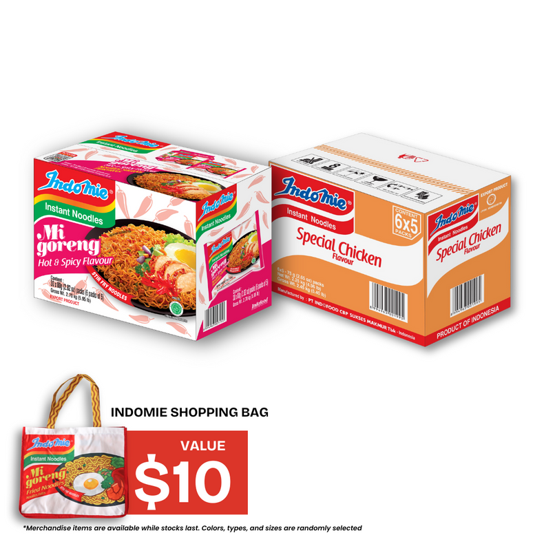 Indomie Mi Goreng Hot & Spicy (30 pk) [BBD: Dec 2025] + Indomie Special Chicken (30 pk) + Shopping Bag