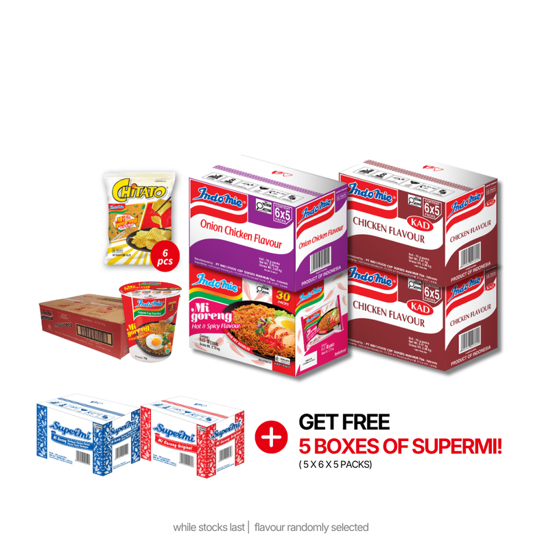 2 Boxes of Chicken Flavour (2 x 30 pk) [BBD: Aug 2026] + Onion Chicken Flavour (30 pk) + Mi Goreng Hot & Spicy (30 pk) + Indomie Mi Goreng Cup (12 cups) + Chitato Mi Goreng (6 pk) [BBD: Jul 2026]