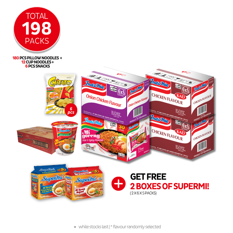 2 Boxes of Chicken Flavour (2 x 30 pk) [BBD: Jul 2026] + Onion Chicken Flavour (30 pk) + Mi Goreng Hot & Spicy (30 pk) + Indomie Mi Goreng Cup (12 cups) + Chitato Mi Goreng (6 pk) [BBD: Jul 2026]